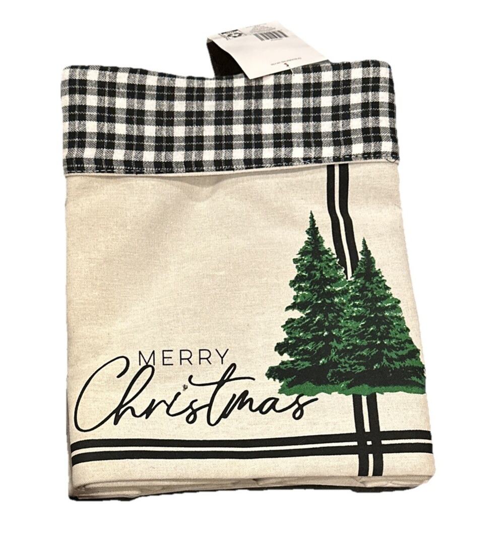 Merry Pine Tree Christmas Tree Skirt Black and White Canvas Storage Display